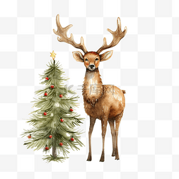 圣诞节驯鹿拿着圣诞树插画