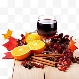 热红酒有机水果秋叶木桌上的香料