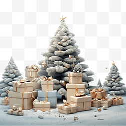 孩子和圣诞树图片_夜雪粘土插画下的礼盒和圣诞树