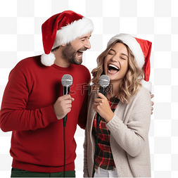 和朋友唱歌图片_幸福的情侣在圣诞晚会上二重唱