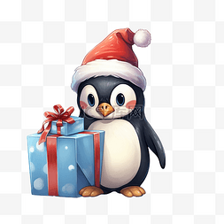 插画圣诞快乐图片_可爱的企鹅角色戴着圣诞帽拿着礼