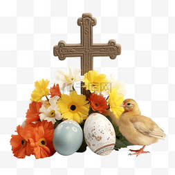 复活节鲜花彩蛋图片_复活节十字架与鸡蛋和鲜花