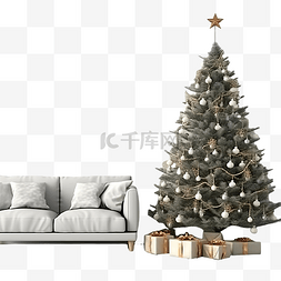 圣诞室内装饰图片_节日室内装饰有圣诞树和沙发