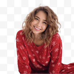 红毛衣图片_假期前快乐的女孩在床上摆姿势微