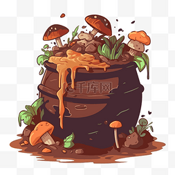 卡通粘着图片_堆肥剪贴画一盆蘑菇，里面粘着泥