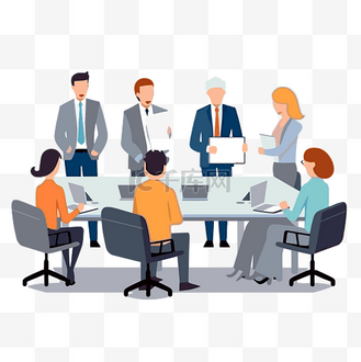 董事会会议剪贴画扁平的一群人在桌子上开会与文件卡通 向量