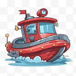 水中一艘红色小拖船的摩托艇剪贴