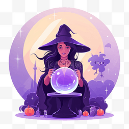 猫室内图片_女巫正在用魔法水晶球万圣节卡通