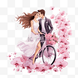 可爱的年轻夫妇骑自行车与蝴蝶兰
