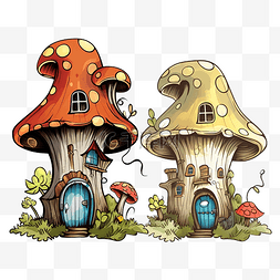 幻想蘑菇屋水彩矢量插画与线条艺