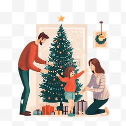 一家人在晚上装饰圣诞树