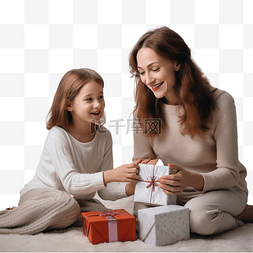 有孩子的家图片_室内圣诞树附近有礼品盒的母女