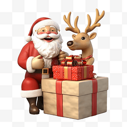 3d 插图圣诞老人骑着鹿和礼品盒