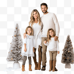 家庭有爱图片_幸福的四口之家与圣诞树站在一起