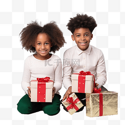 小孩和圣诞礼物图片_快乐的非洲裔美国儿童在一间配有