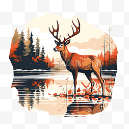 湖边日落图片_湖边的鹿艺术线条插画