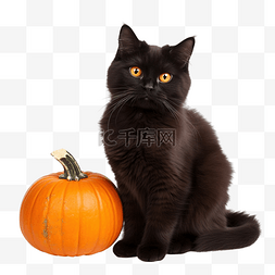 南瓜影子图片_黑毛茸茸的猫靠近成熟的橙姜美丽
