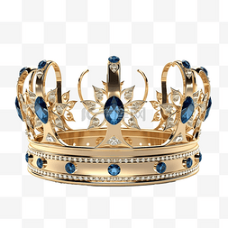 蓝色与金色图片_3d 渲染金冠与三颗蓝色钻石隔离