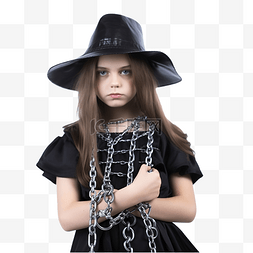 模特服装图片_穿着女巫服装的万圣节女孩被锁在