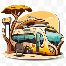现代巴士和树的卡通插图 向量