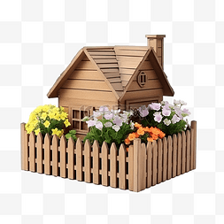 花与栅栏图片_3d 模型木房子与花盆围栏隔离