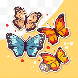 黄色背景插图上的四个动画蝴蝶贴