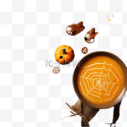 平铺素图片_万圣节南瓜泥汤蜘蛛网的有趣食物