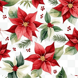 八角手绘图片_圣诞水彩无缝图案与一品红红浆果