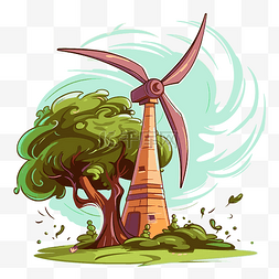 树周围风车的风剪贴画卡通插图 