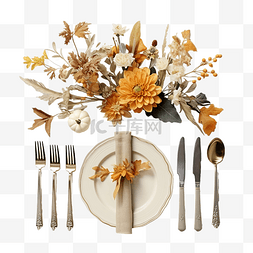 餐桌布格子布图片_平躺的感恩节餐桌布置与餐具