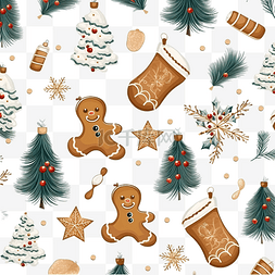 树新年装饰图案图片_圣诞无缝图案新年装饰姜饼树雪橇