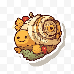 秋季快乐的蜗牛贴纸，搭配水果和