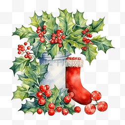 圣诞边框水彩图片_圣诞冬青边框与丝袜和礼物水彩插