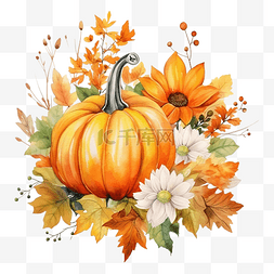 秋天落下图片_水彩秋天南瓜与花朵和秋天的树叶