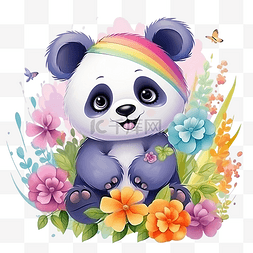 无缝图案与熊猫在彩虹和花朵上