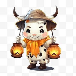 牛吉祥物图片_可爱万圣节提着灯笼的南瓜头牛插
