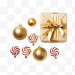 高角度的金色圣诞饰品，配有礼物和拐杖糖