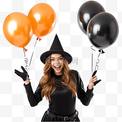 庆祝胜利图片_年轻女巫拿着黑色和橙色气球参加