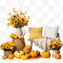 产品感恩节海报图片_室内设计与南瓜和黄色的花朵万圣