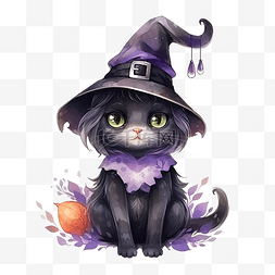 万圣节可爱的人物女巫猫水彩插图