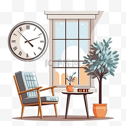 树的插图图片_墙上的平面立面窗户时钟装饰家具