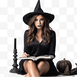 穿着女巫服装带着巫术书在家庆祝