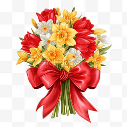 一束水仙花和郁金香，系着红色缎