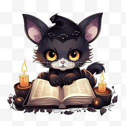 恐怖猫图片_卡通可爱万圣节猫和头骨读书矢量
