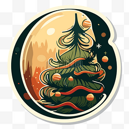 圣诞月亮徽章复古风格圣诞树圆形