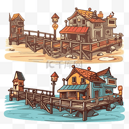 卡通木板路图片_木板路剪贴画两个卡通房子和码头
