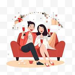 情侣坐沙发图片_圣诞节晚上，快乐的亚洲夫妇坐在