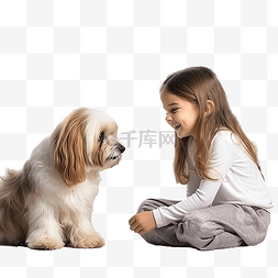 孩子和宠物狗图片_一个小女孩在圣诞树附近和她的狗