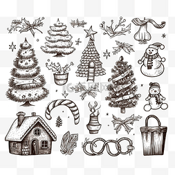 手绘房子涂鸦风格图片_素描风格手绘插画中的圣诞套装