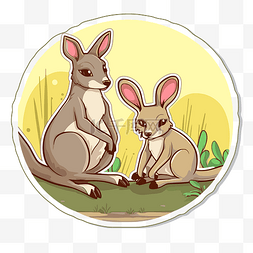 描绘两只袋鼠坐在草地上的贴纸 